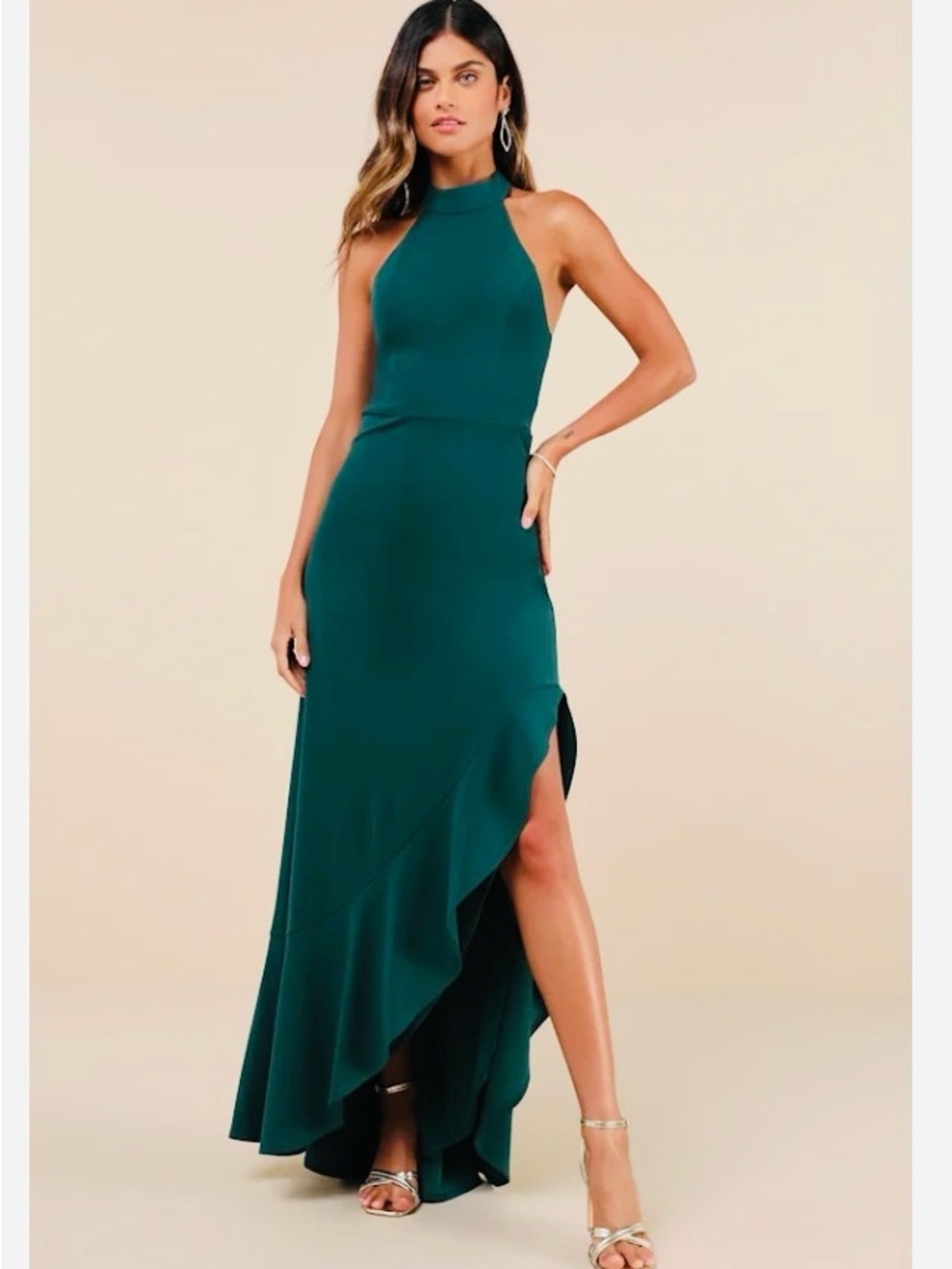 Lulu's Teal High-Neck Asymmetrical Ruffle Maxi Dress